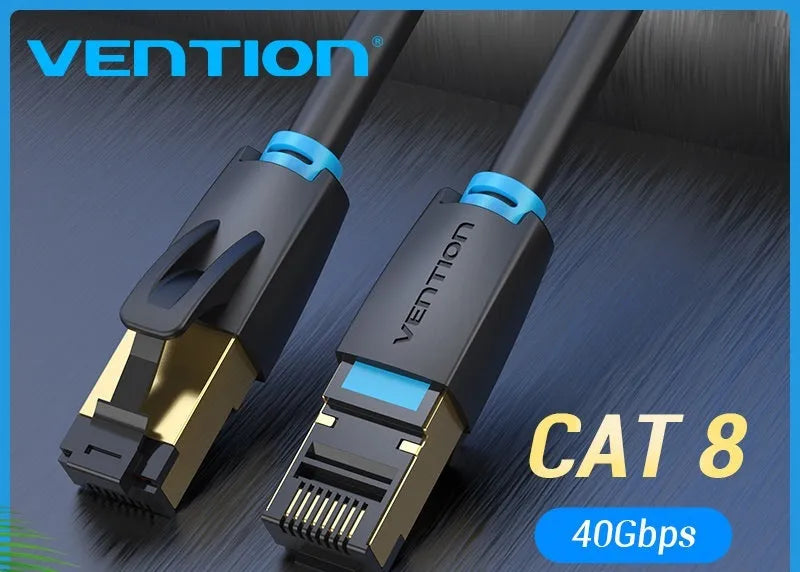 Shielded CAT8 network cable with RJ45 connectors, shown in flat and round styles, available in multiple lengths.