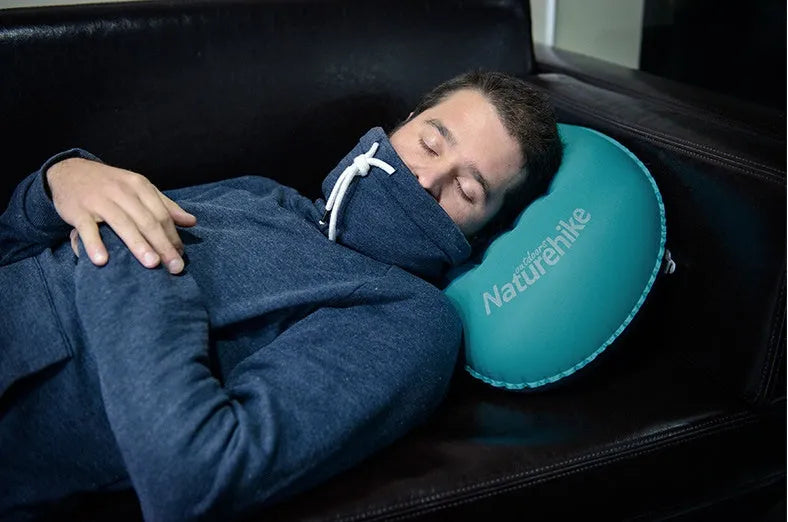 Travel portable inflatable pillow in peacock blue with new air mouth and soft fabric pillowcase for camping
