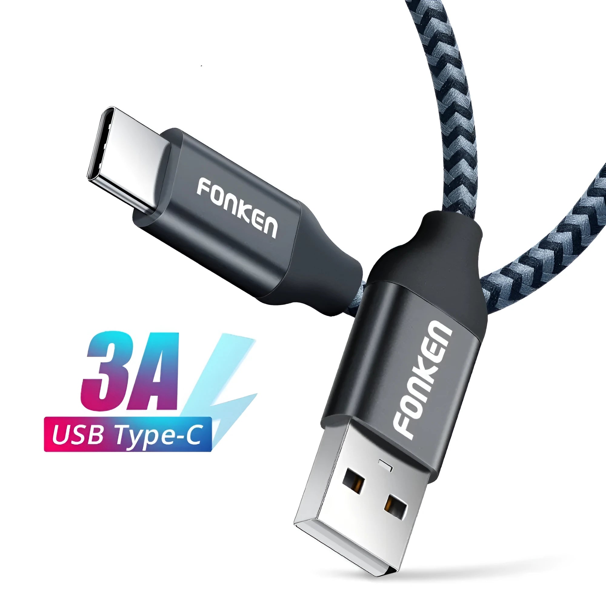 Fonken high-speed fast charging cable with woven exterior in black, 1m length, on white background
