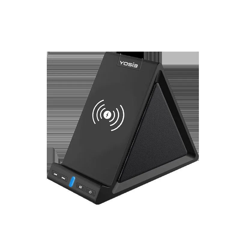 Black multifunctional Bluetooth speaker with integrated wireless charging base and phone stand.