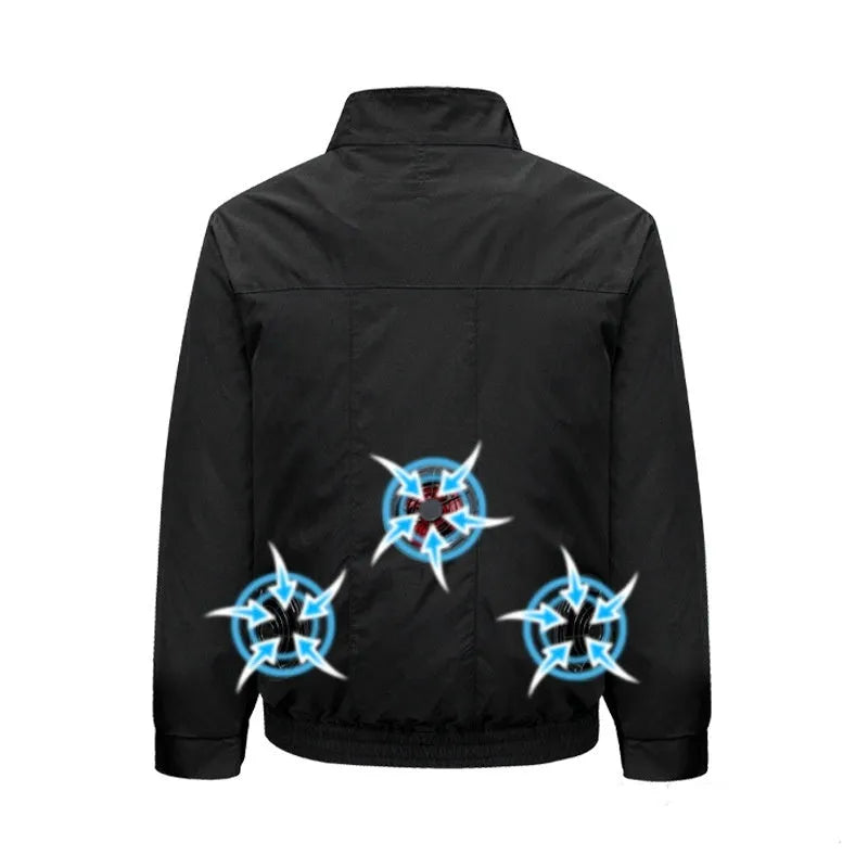 Black smart cooling work jacket with multiple ventilation holes for a personal fan unit.