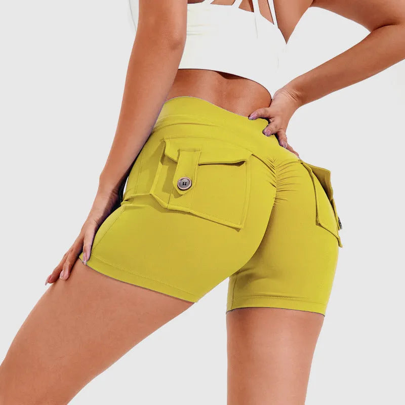 Women's high waist hip lifting shorts with side pockets in quick-dry nylon fabric