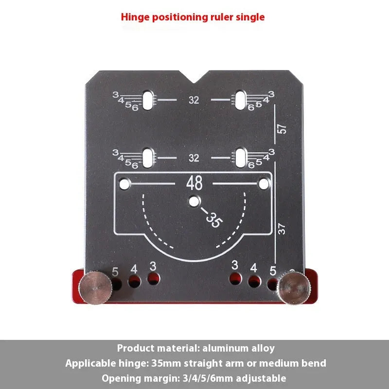 Red aluminium alloy hinge locating rule tool for installing 35mm cabinet and wardrobe hinges.