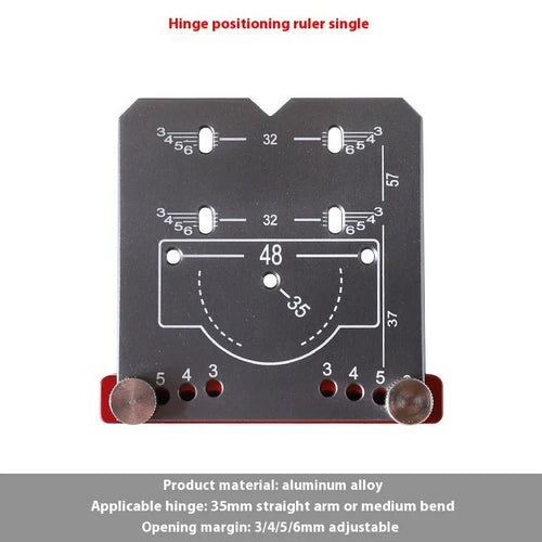 Red aluminium alloy hinge locating rule tool for installing 35mm cabinet and wardrobe hinges.