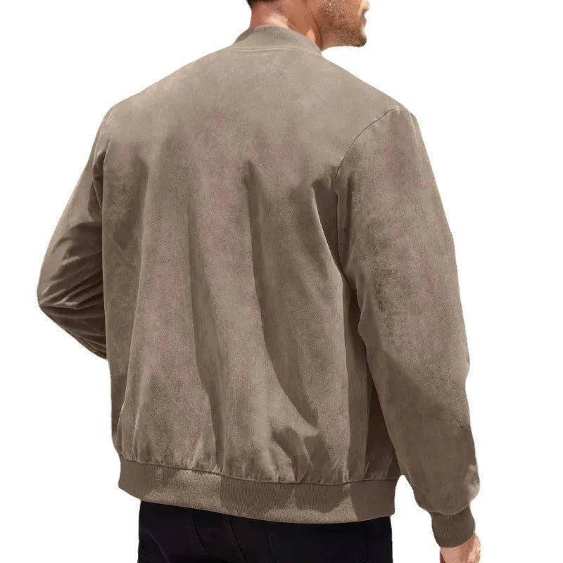 Men's casual retro long sleeve cardigan jacket in army green colour made from suede fabric with round hem