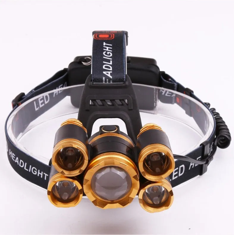 Gold or silver aluminium LED head torch with adjustable focus and tiltable head on a strap