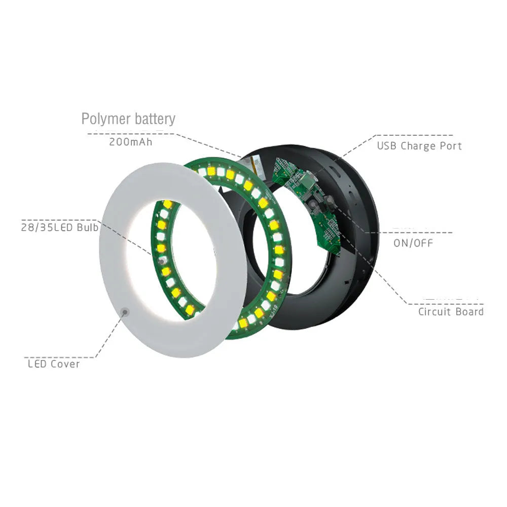 Compact black LED selfie ring light with USB cable for mobile phone photography.