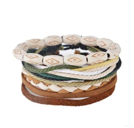 Hand-woven leather bracelet with wooden beads and adjustable closure in punk style