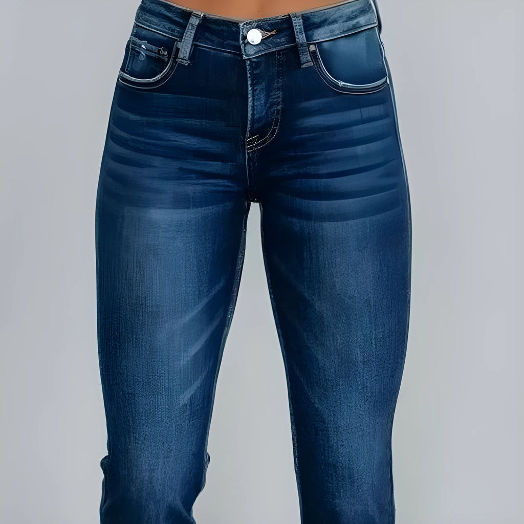 Women's solid colour denim jeans in dark blue or light blue, made from cotton fabric.