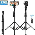Black aluminium selfie stick tripod extended to different heights with iPhone mounted
