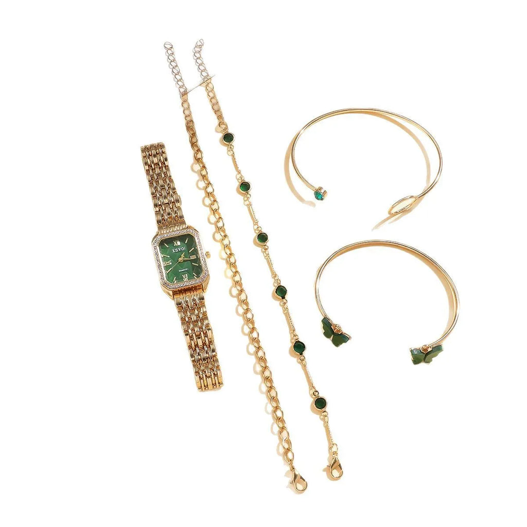 Gold green square women's watch with four matching bracelets in 5-piece jewellery gift set