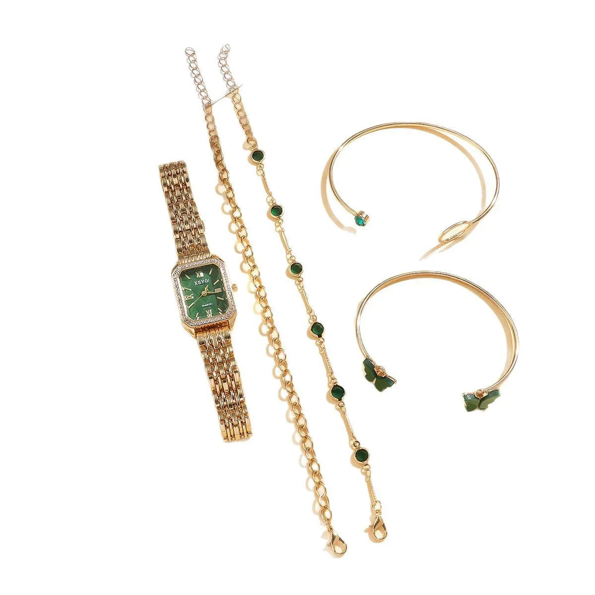 Gold green square women's watch with four matching bracelets in 5-piece jewellery gift set
