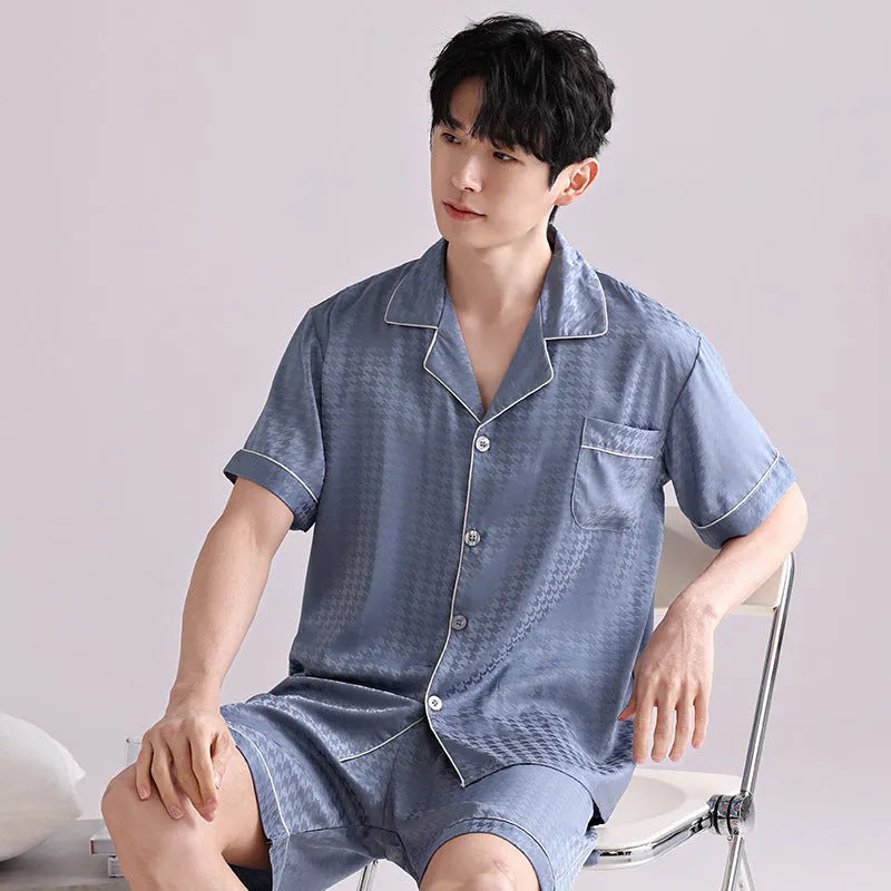 Men's lightweight ice silk pajama set in cardigan style with shorts and satin jacquard patterns