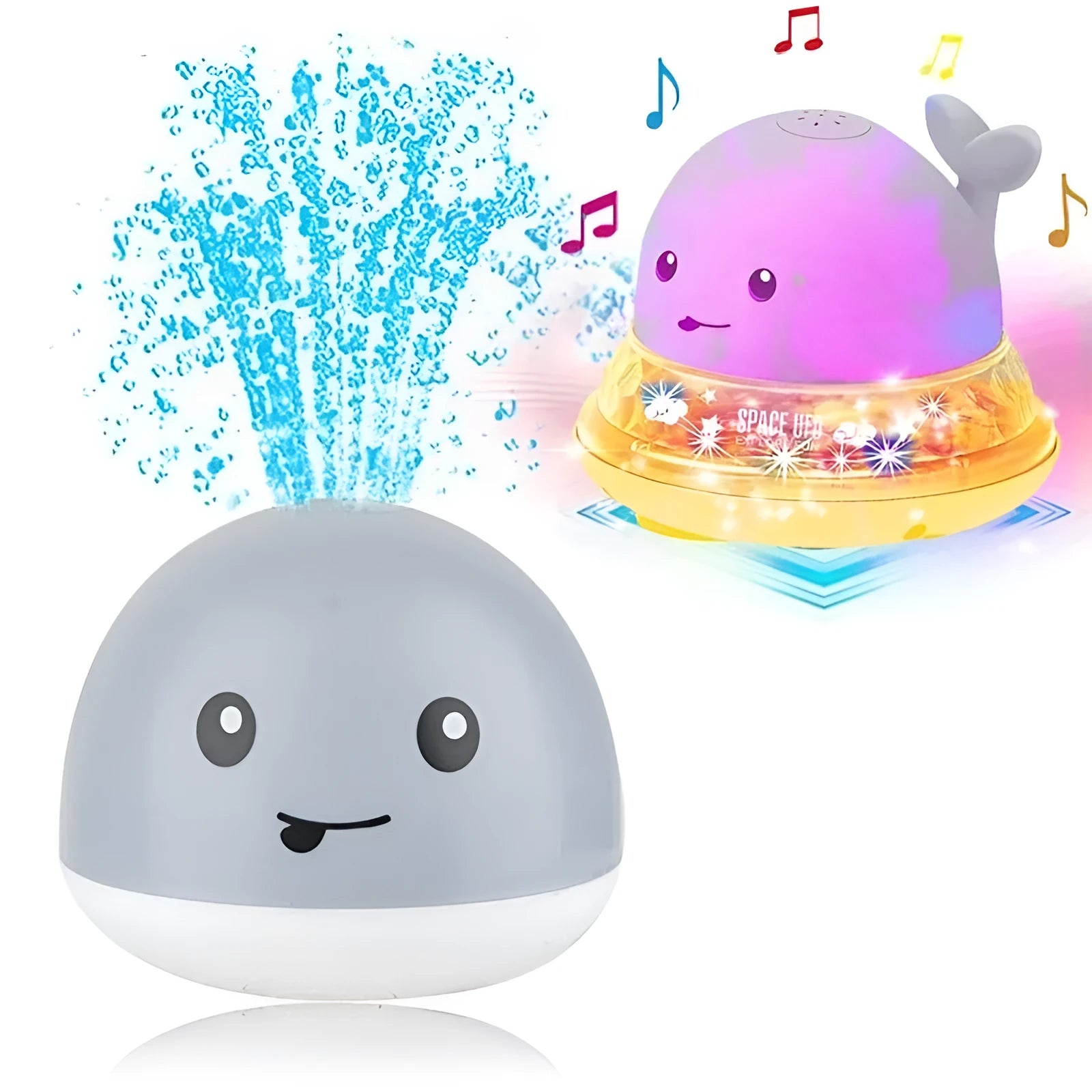 Blue and white whale bath toy with water spray and flashing lights for baby sensory play