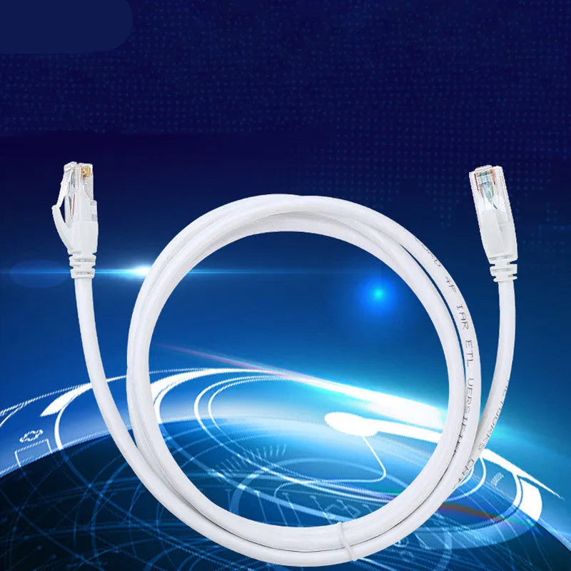 White Cat6 network cable with RJ-45 connectors for Ethernet data transfer