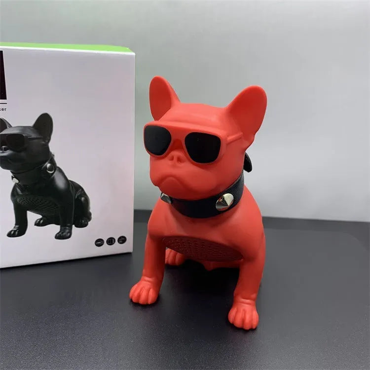 Mini bulldog-shaped Bluetooth speaker in black, red, or white colours showing compact design