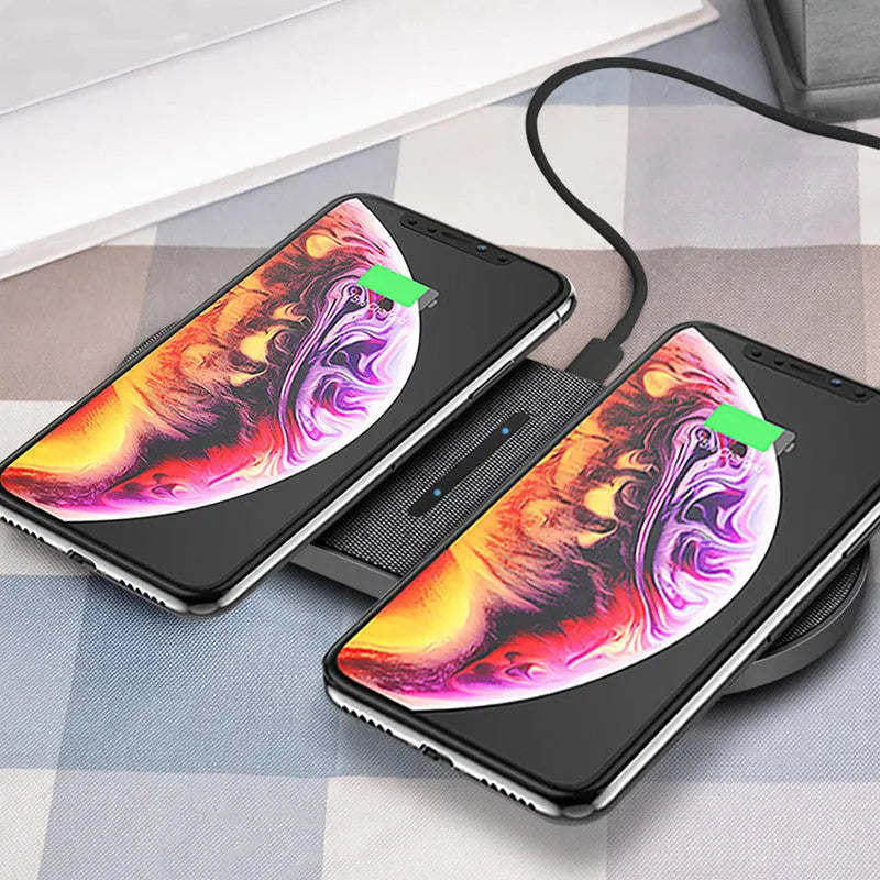 Black 10W wireless charging stand pair with Quick Charge technology and Type-C/USB interfaces
