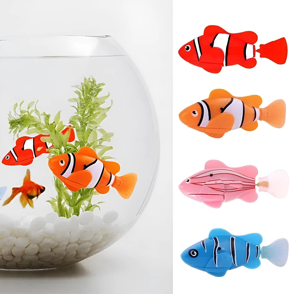 Set of four swimming electronic pet fish toys in red, orange, pink, and blue on a white background