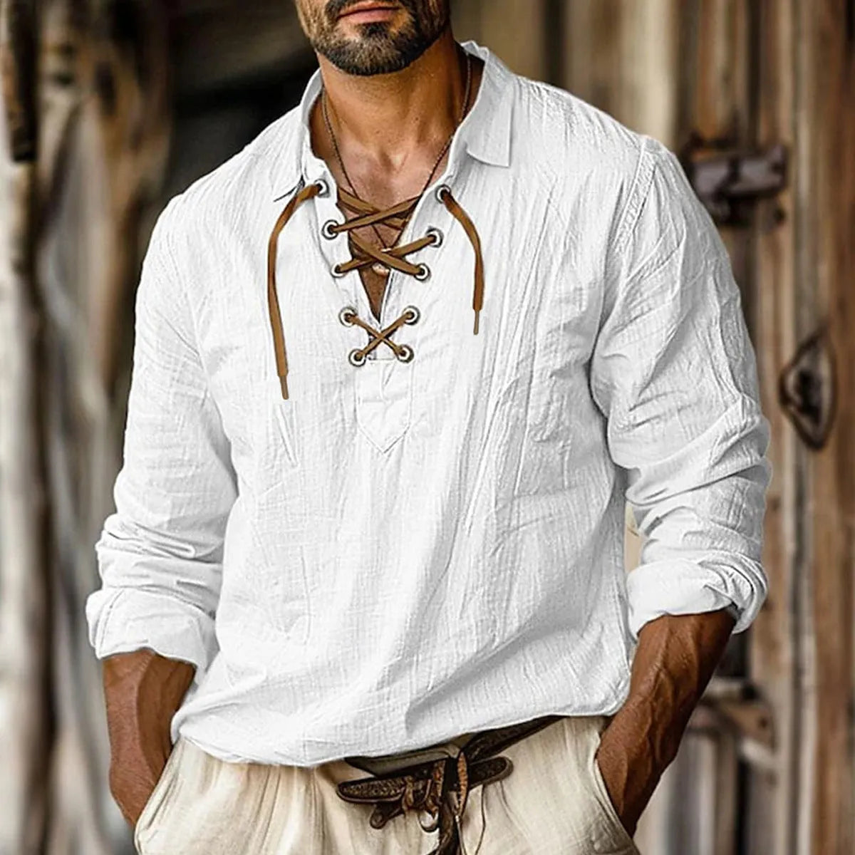 Men's loose fit plus size shirt with lapels and lace detailing in a linen blend fabric.