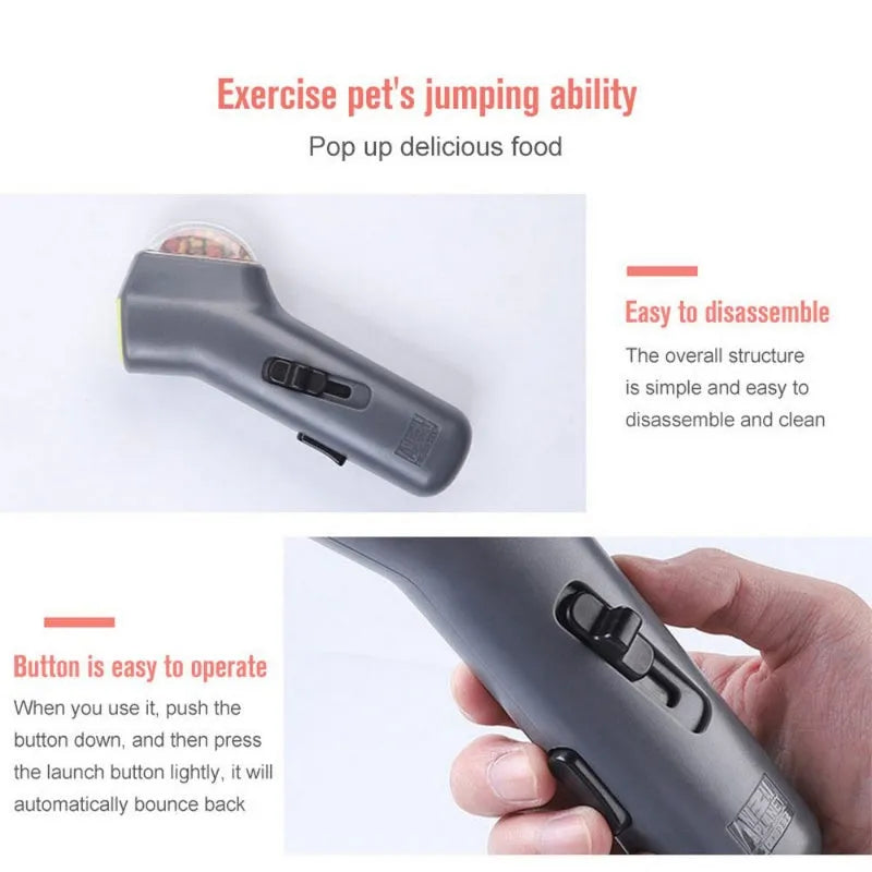 Grey pet snack launcher toy measuring 18cm with spring trigger mechanism for 2-3 metre treat launching