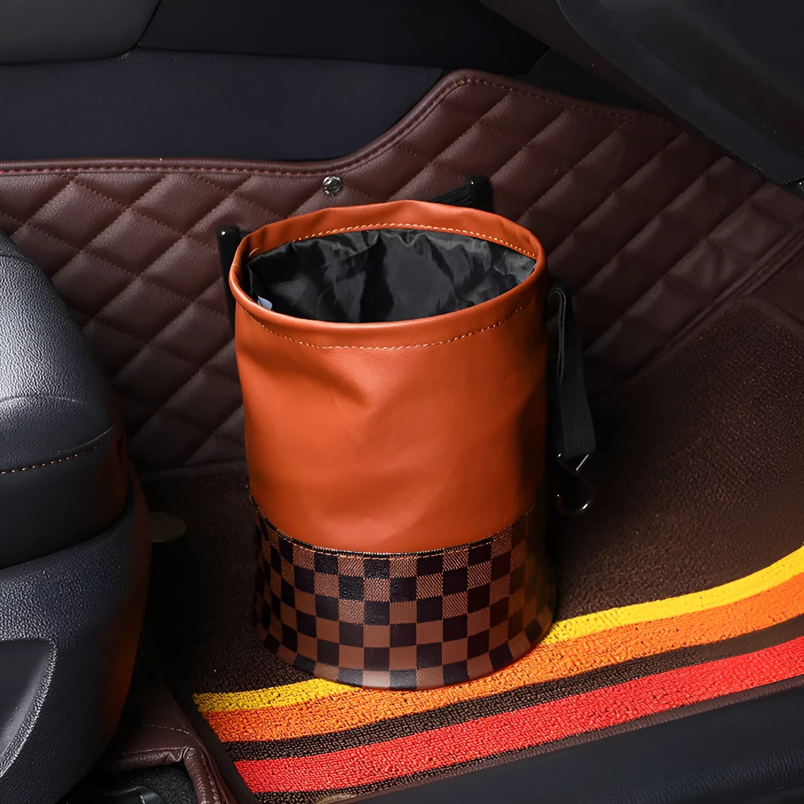 Black retractable leather car trash can with folding design and carry handle