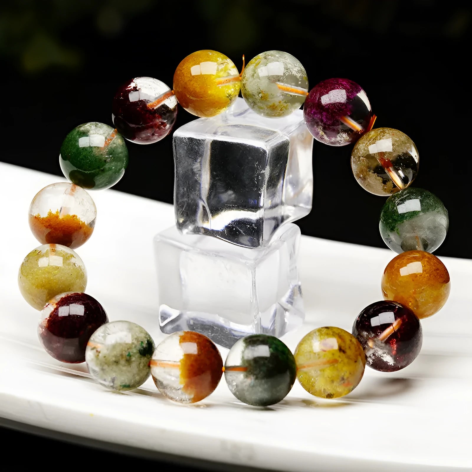 Crystal bead bracelet with 10mm colourful ghost cornucopia design and ethnic retro styling