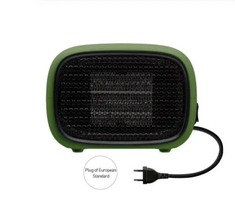 Green mini PTC ceramic fan heater showing compact size and metal mesh front grille.