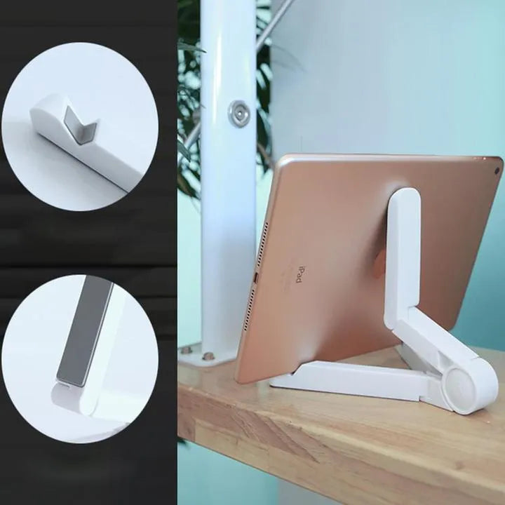 Black foldable tablet holder stand supporting a smartphone in landscape mode on a desk.