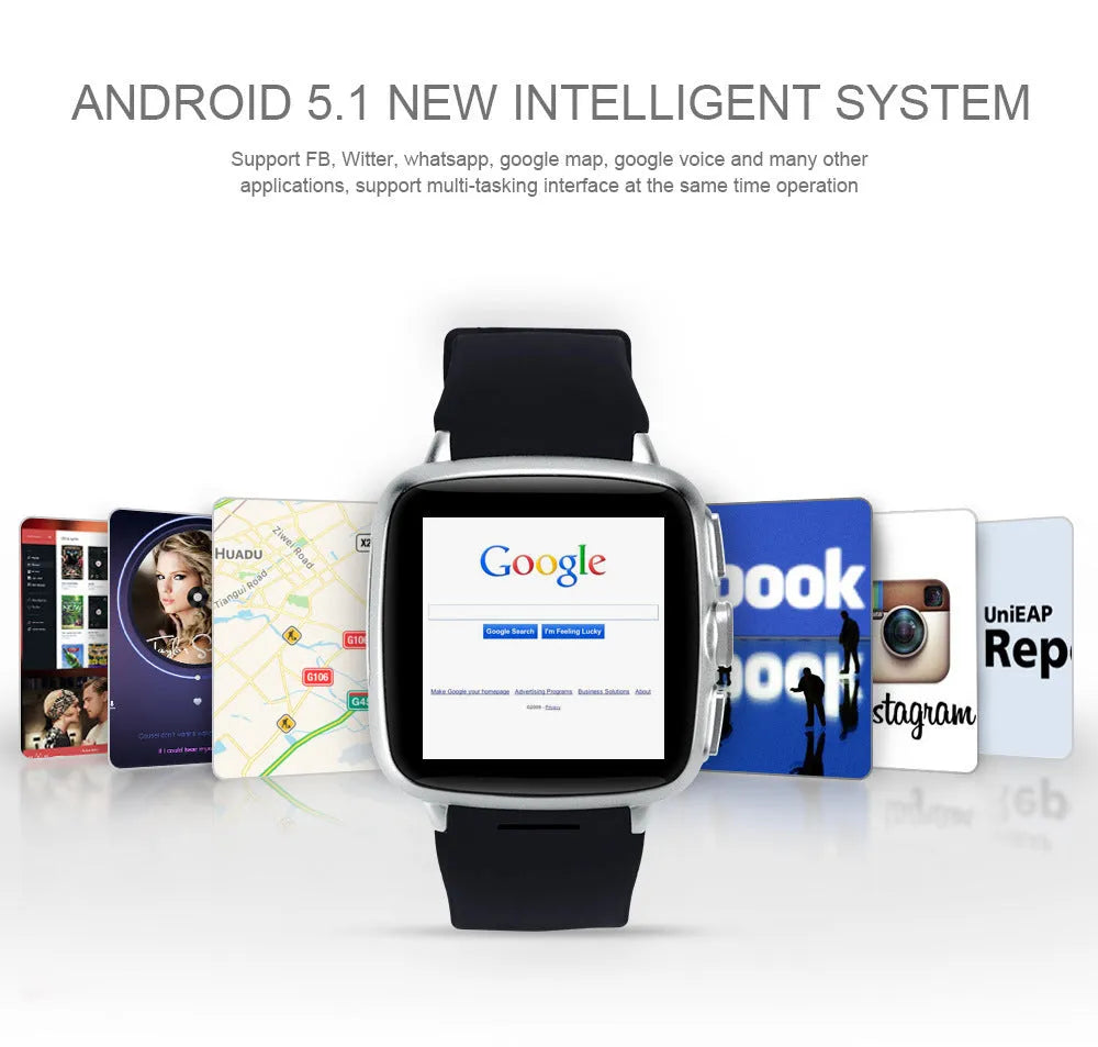 Black or white smart watch with 1.54 inch screen showing Android interface