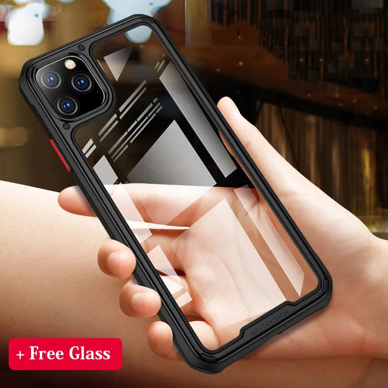 Transparent silicone mobile phone case for iPhone 11 on a table.