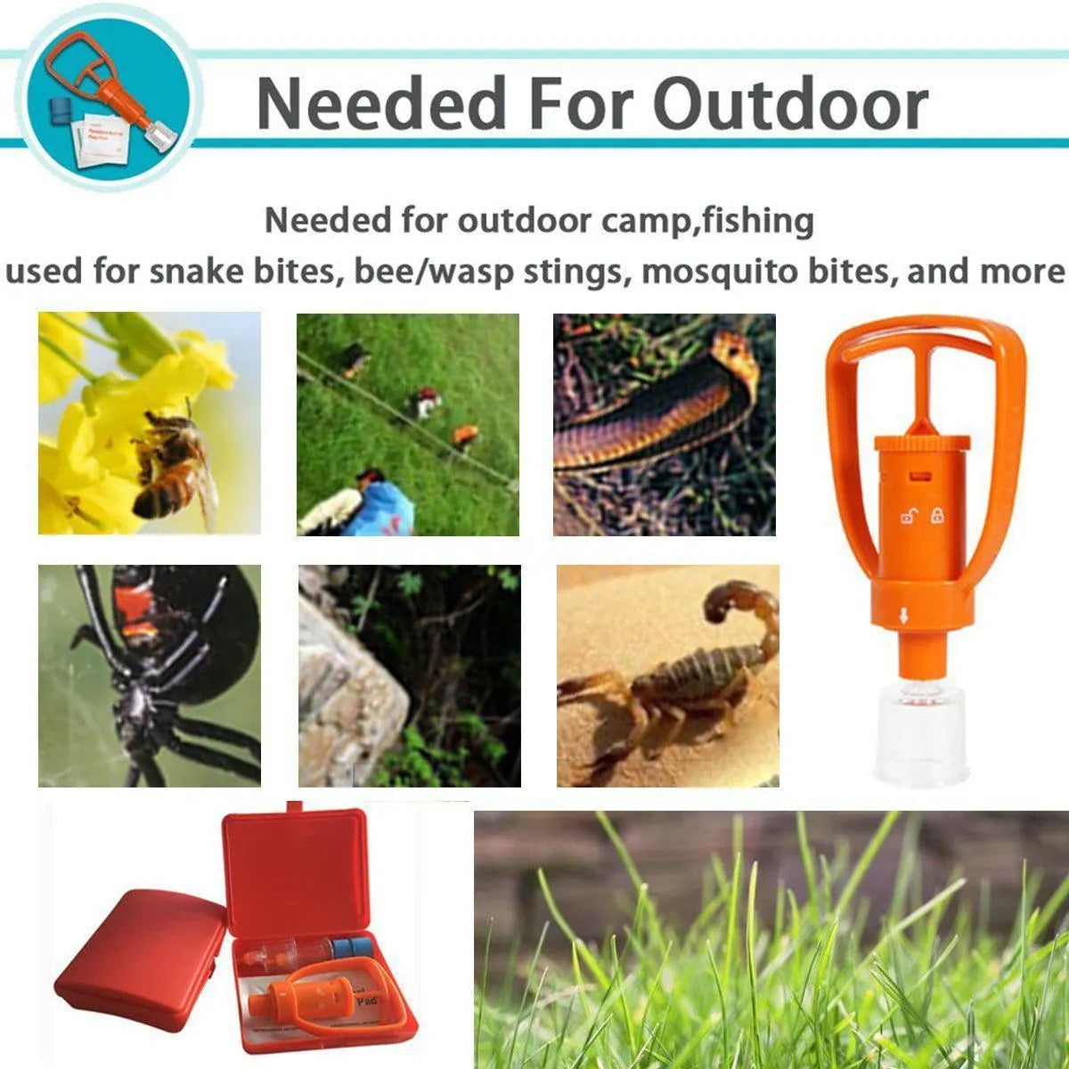 Orange venom suction device with two suction cup sizes, storage box and first aid components for outdoor emergency use