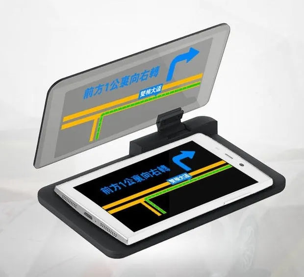 Grey car smartphone navigation display holder with hardened organic glass panel and optical reflection technology
