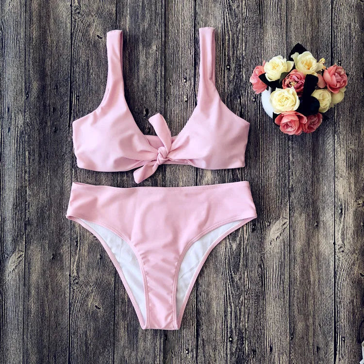 Pure colour polyester bikini swimwear set in European styling