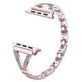 Stainless steel watch strap with diamond studs in black, gold, pink, rose gold, and white colour options.