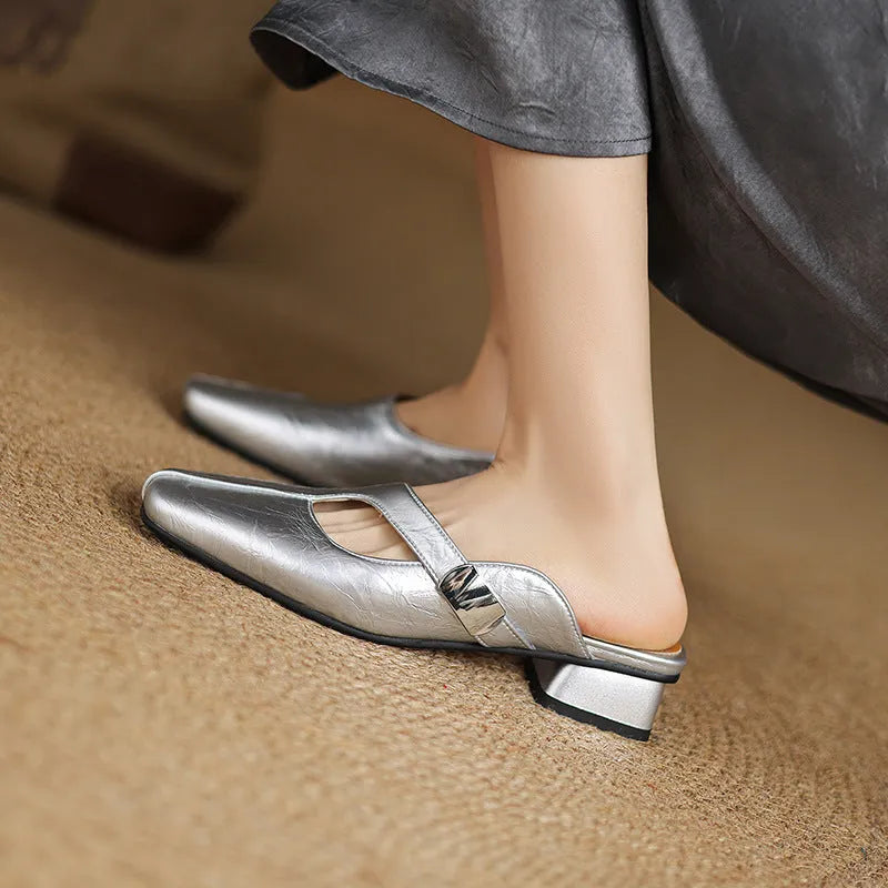 British style square head low heel slippers in artificial PU with imitation leather lining