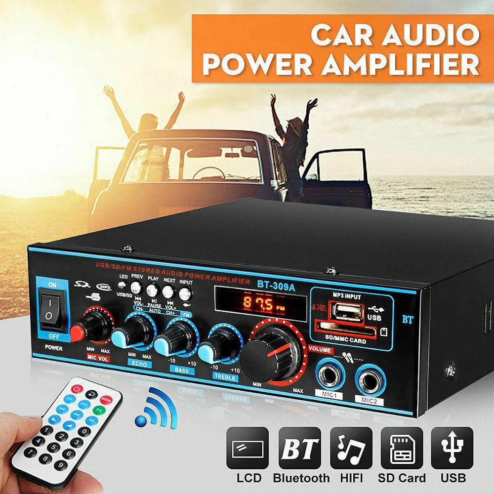 Black BT-309A-A Bluetooth power amplifier with recording function and dual voltage operation