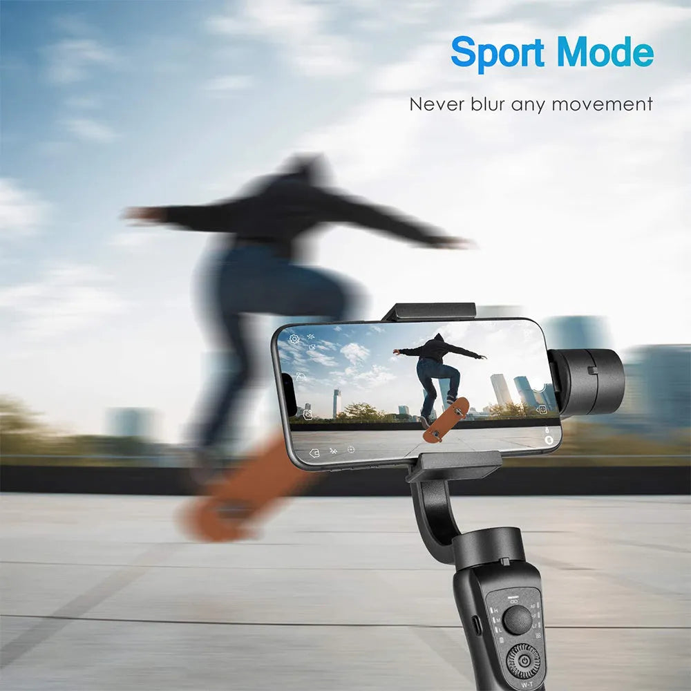 Black three-axis handheld gimbal stabilizer for mobile phones with tripod and cases