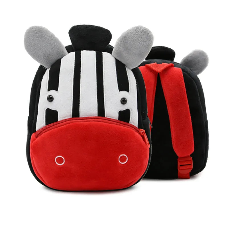 Plush animal backpack for children with zipper closure measuring 26x24x10cm