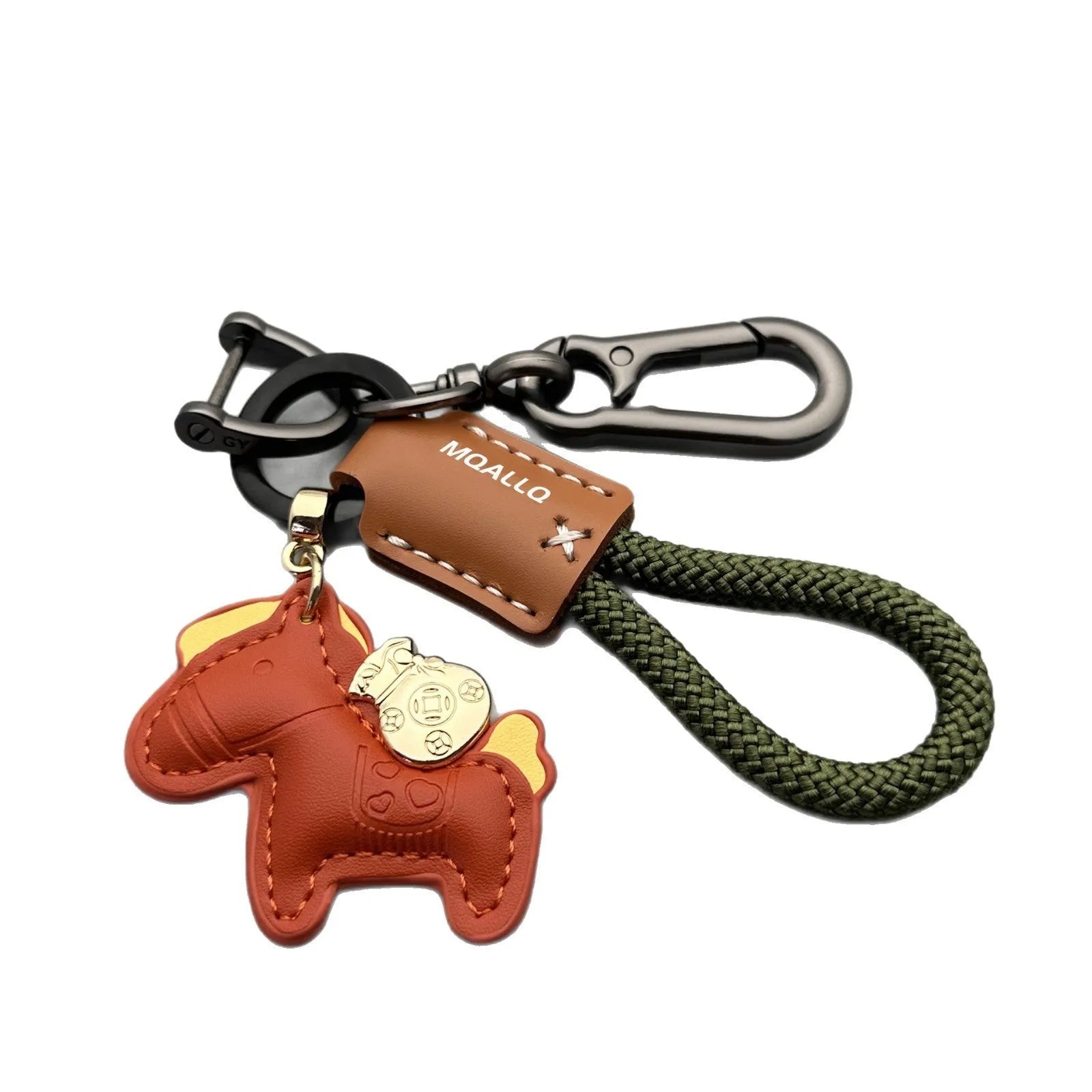 Zinc alloy car keychain pendant with a strap made of brown cowhide and green flannel rope.