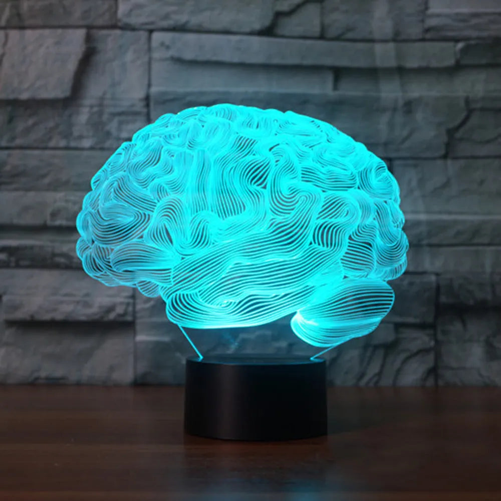 3D brain illusion LED desk lamp with remote control showing colourful lighting effects on acrylic panel