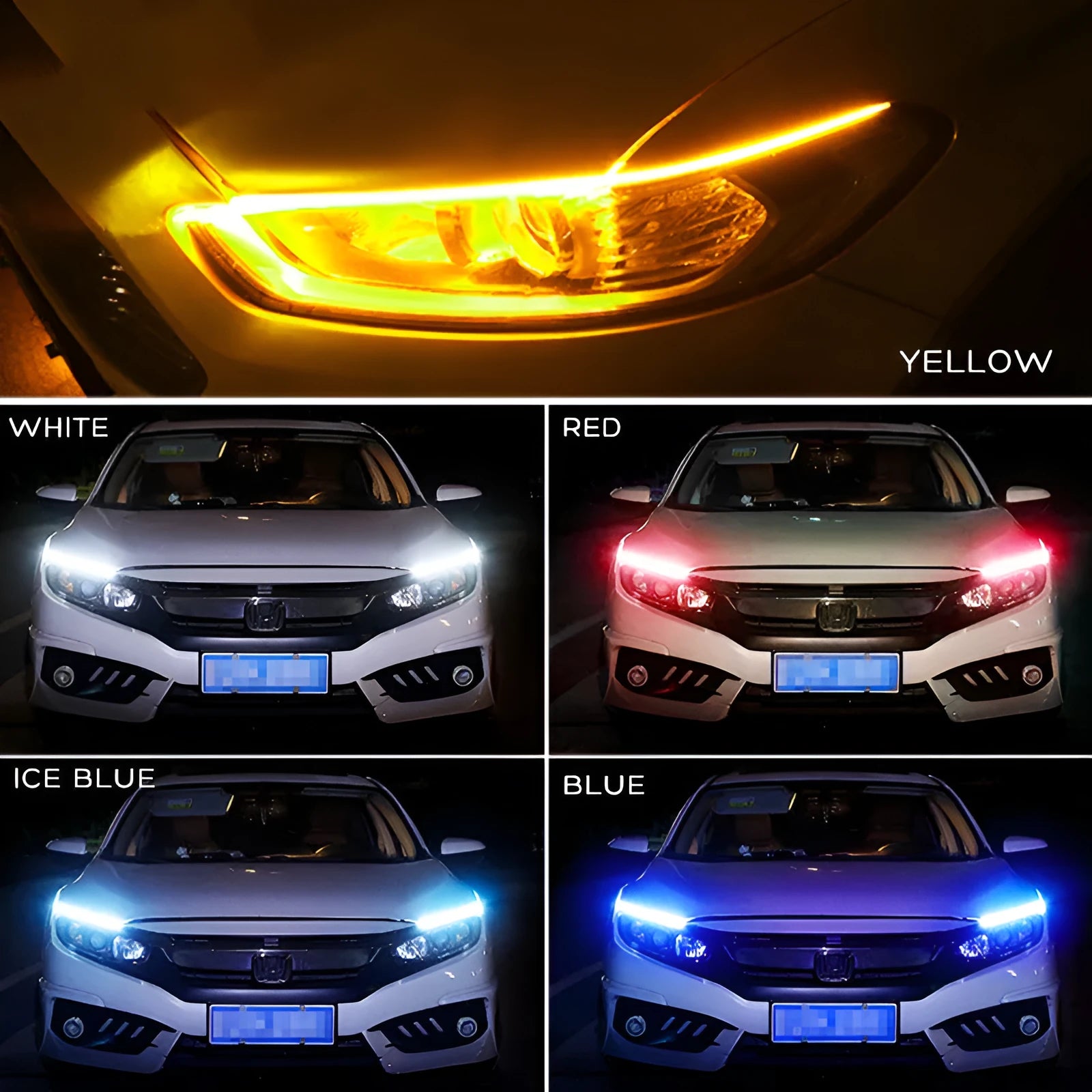 Flexible silicone car LED daytime running light strip with flowing turn signal functionality mounted on vehicle headlight
