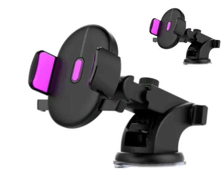 Yellow and black telescopic car phone holder with suction cup mounted on dashboard showing 360-degree rotation