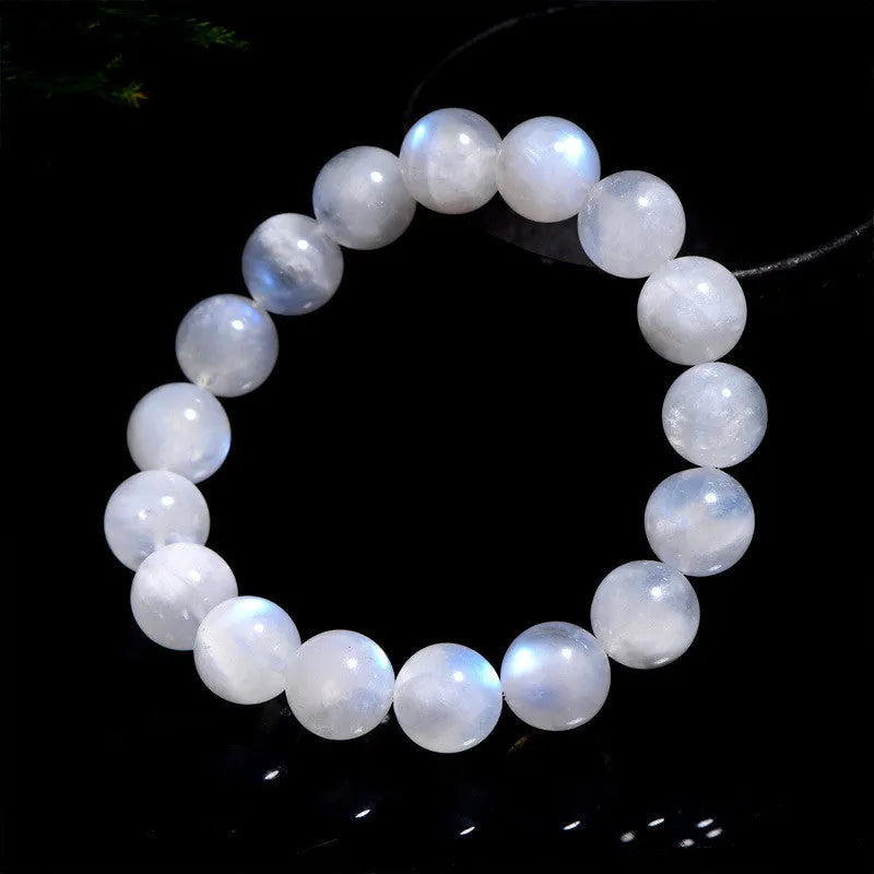 Natural moonstone round bead bracelet showing white blue moonlight colour