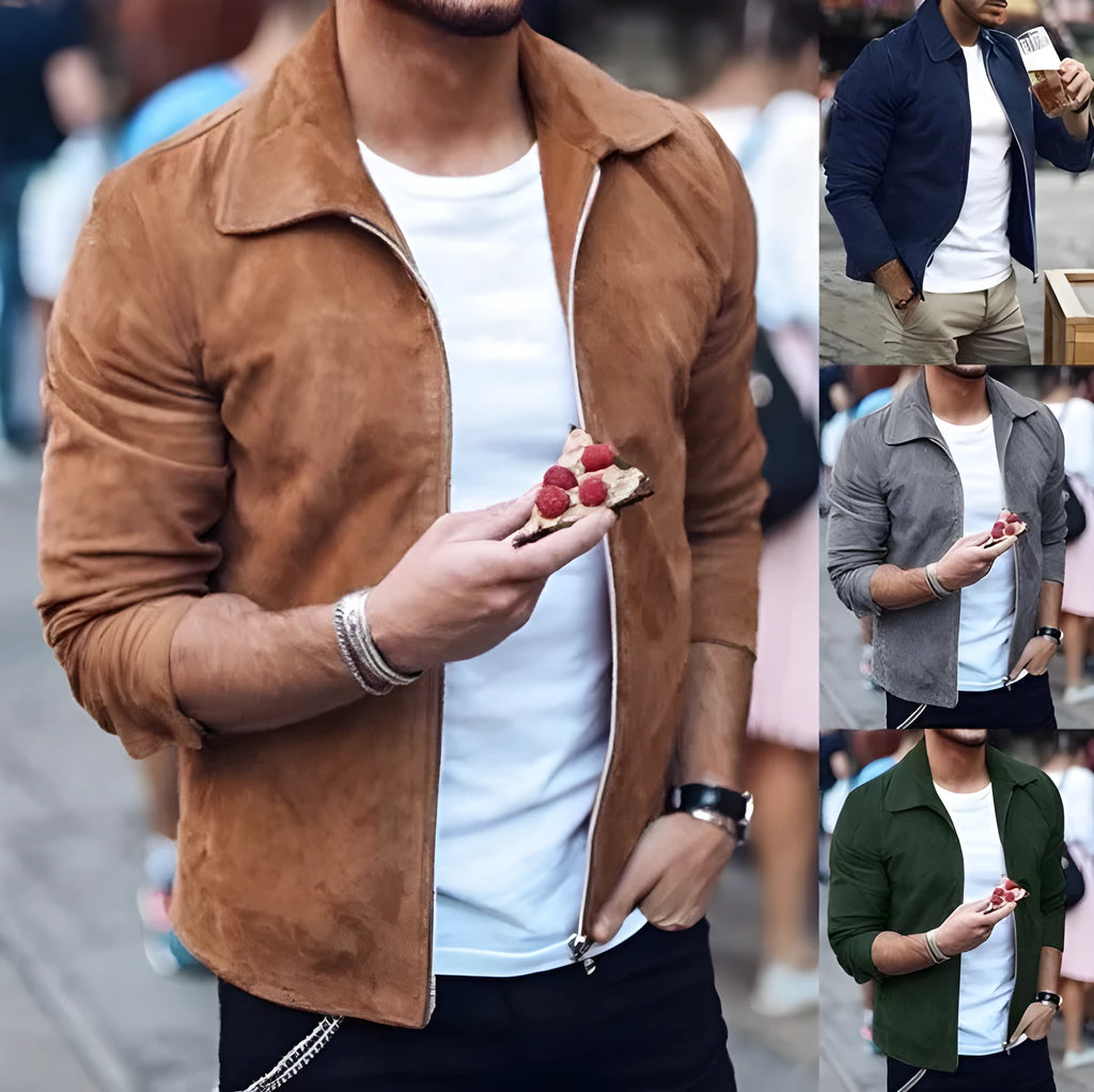 Men's slim fit turn down collar jacket in khaki with zip front and side pockets
