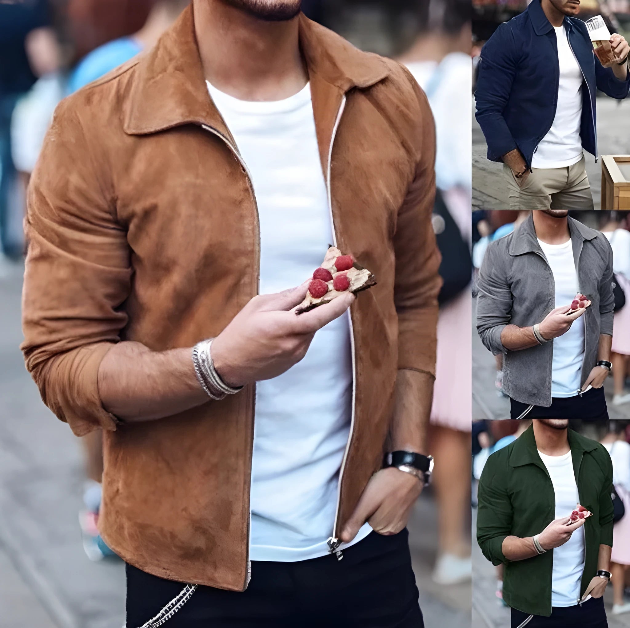 Men's slim fit turn down collar jacket in khaki with zip front and side pockets
