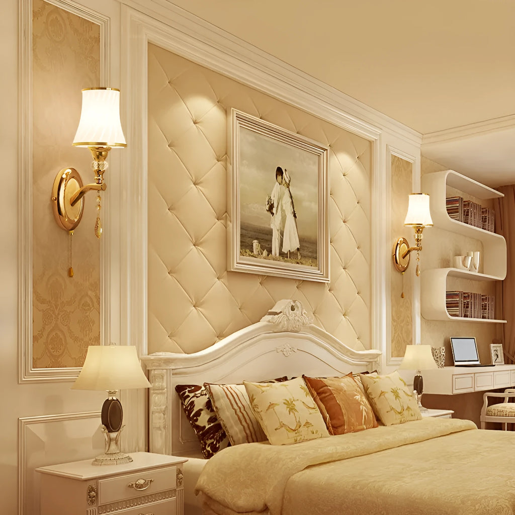 European style glass wall lamp with a fabric cable switch, shown in a bedroom setting.