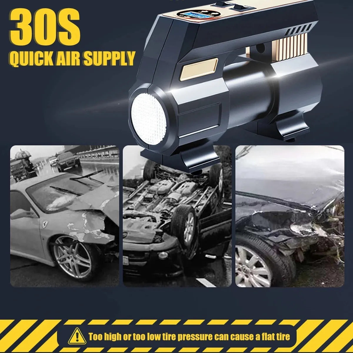 120W 12V car air pump with digital display, 60cm tube, and 300cm power cord on a dark background