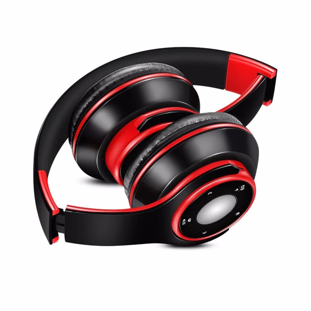 Blue foldable Bluetooth headset with adjustable hinges showing 3.5mm jack and USB port