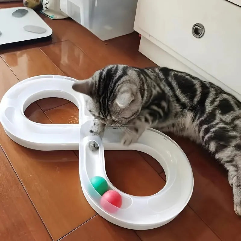 Blue and white cat turntable track toy with teasing stick for interactive play