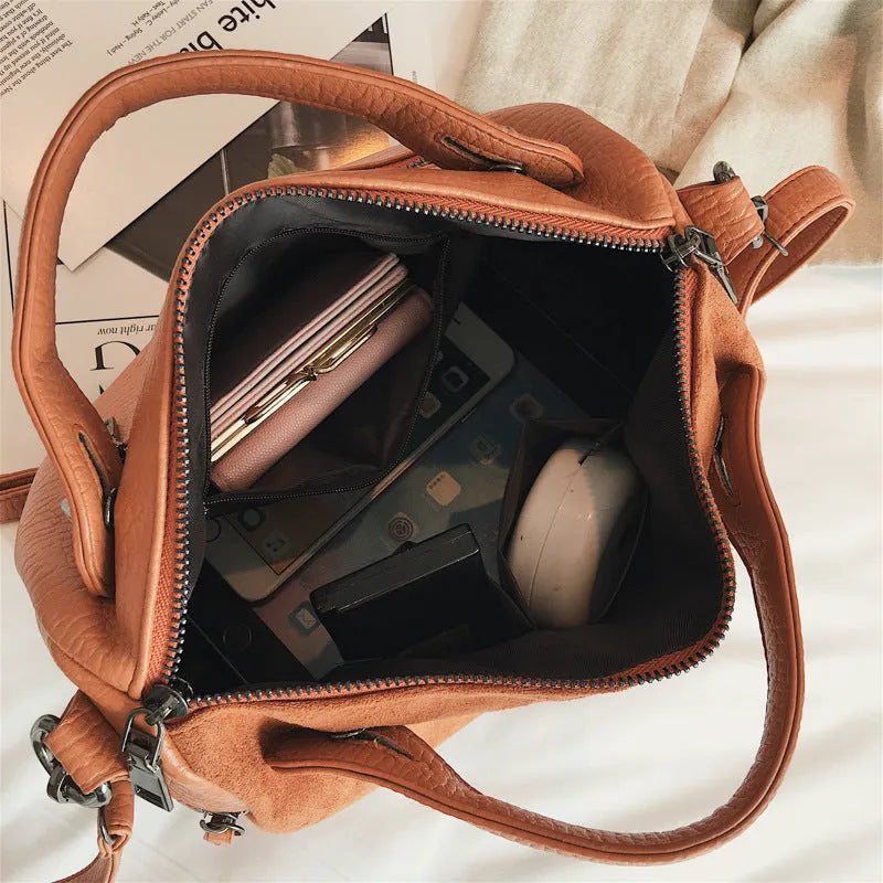 Soft PU leather women's tote shoulder bag with zipper closure in neutral colours